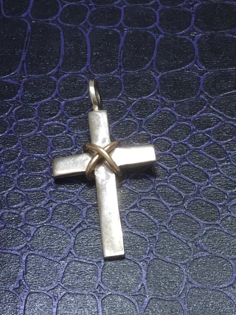 Shiny Silver Tone Cross With Gold Tone Wire Wrap at Center and Top Loop Pendant